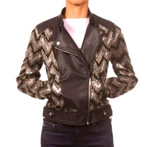 Nanette Lepore Sequin Biker Leather Jacket Womens Size XL